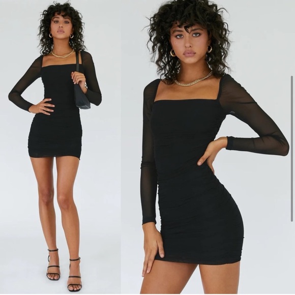 Princess Polly Charvi Black Mesh Long Sleeve Square Neck Ruched Mini Dress - Picture 3 of 11
